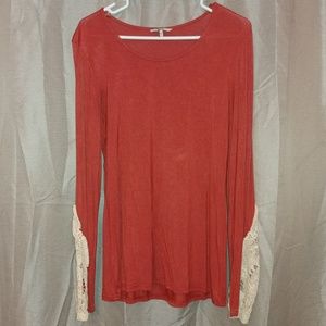BKE Burnt Orange Crochet Long Sleeve Shirt